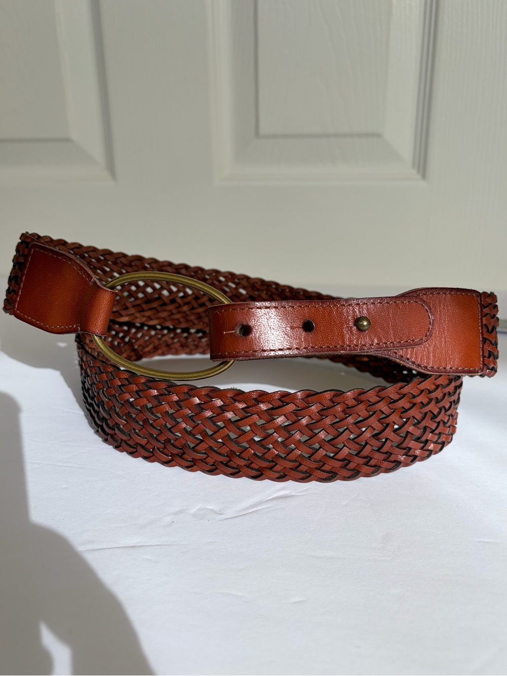 Lucky Brand Brown Leather Braided Belt Brass D Ring Loop Buckle Boho L/XL